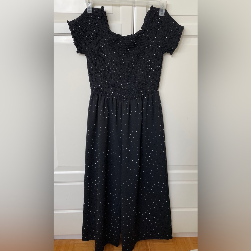 Black Polka Dot Jumpsuit with Smocked Bodice